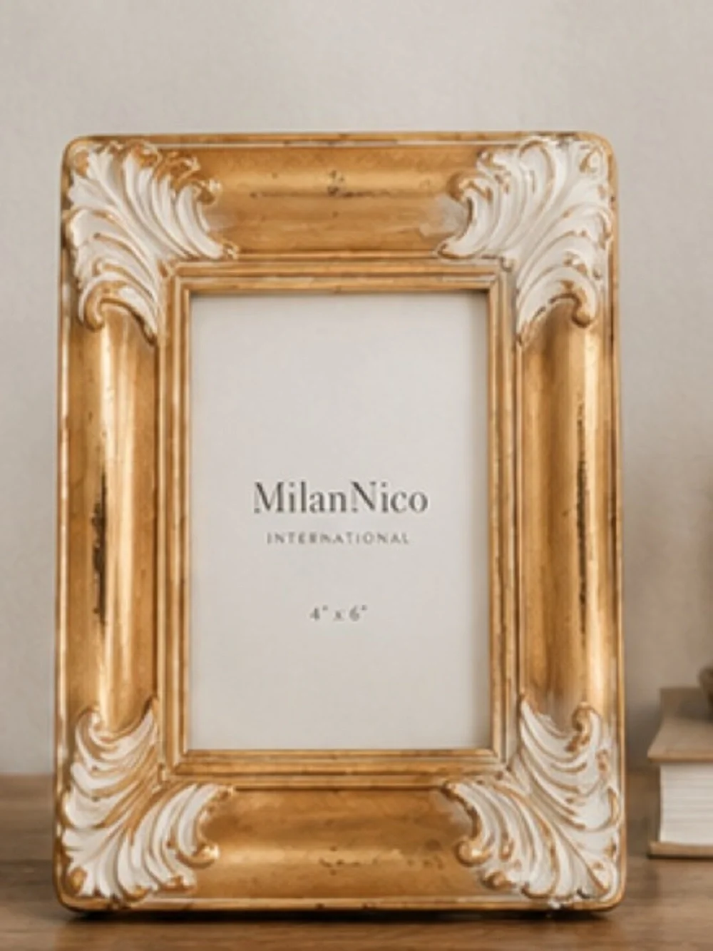 MilanNico International Gold Ornate Frame Distressed Ivory Baroque Rococo 4x6
